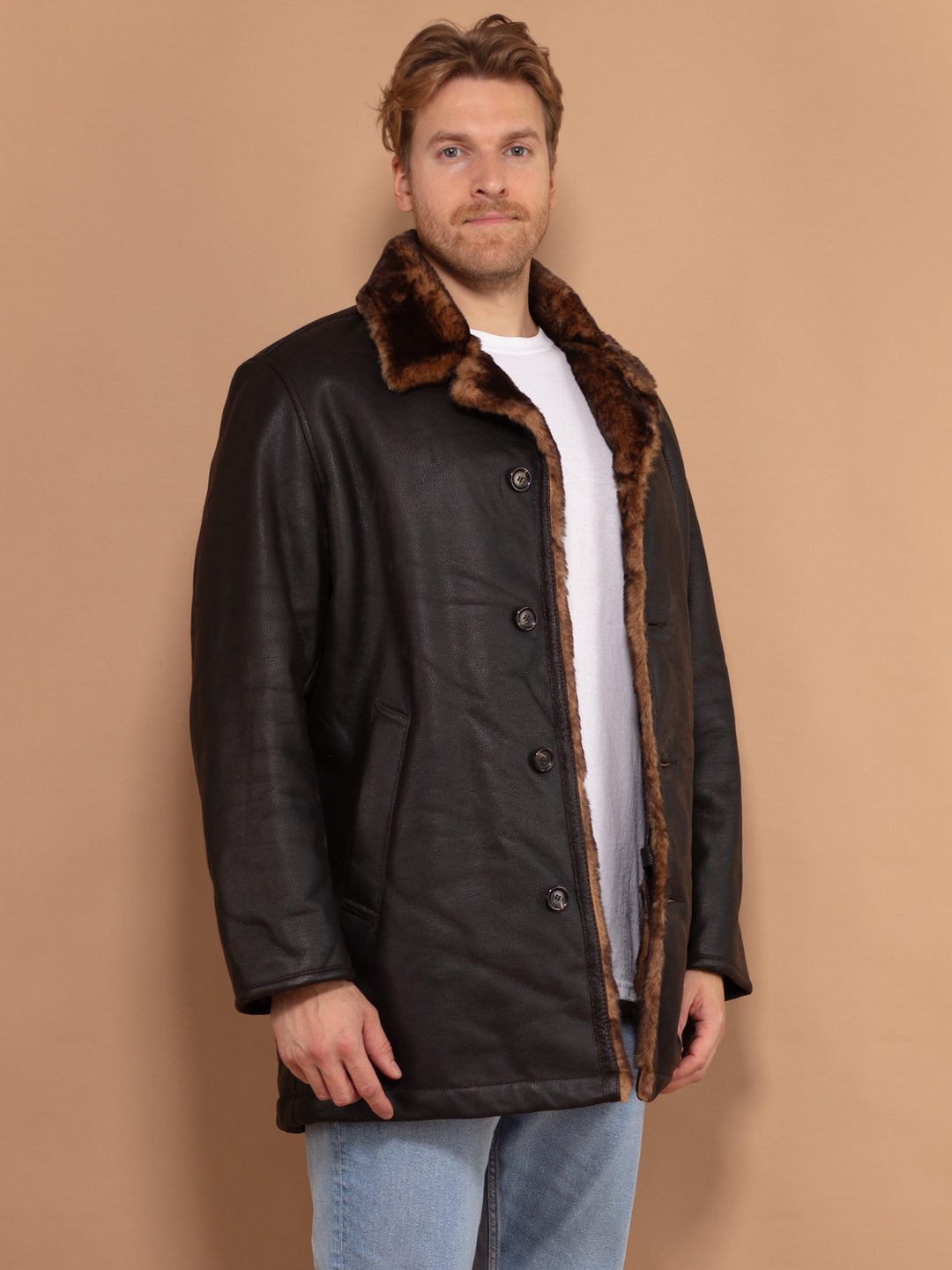 Vintage Faux Leather Shearling Coat 00s, Size Large, Vintage Men Sheepskin Coat, Boho Style Warm Winter Coat, Black Suede Coat, Gift for Men
