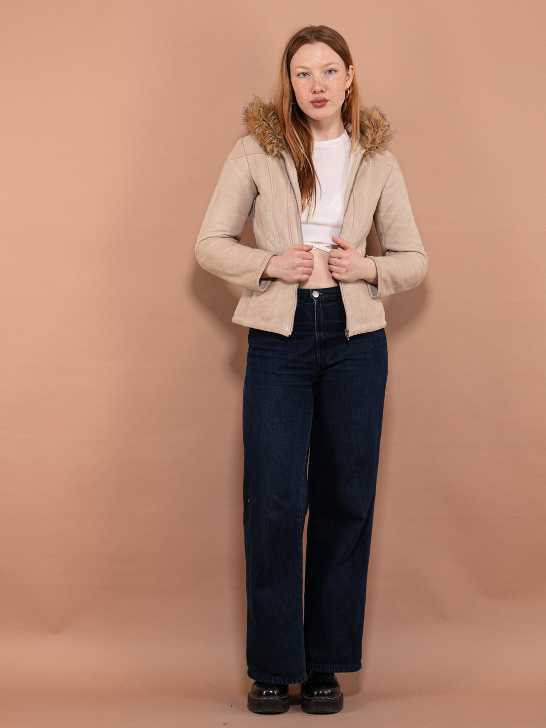 Vintage 90's Women Faux Sheepskin Jacket in Beige - NorthernGrip