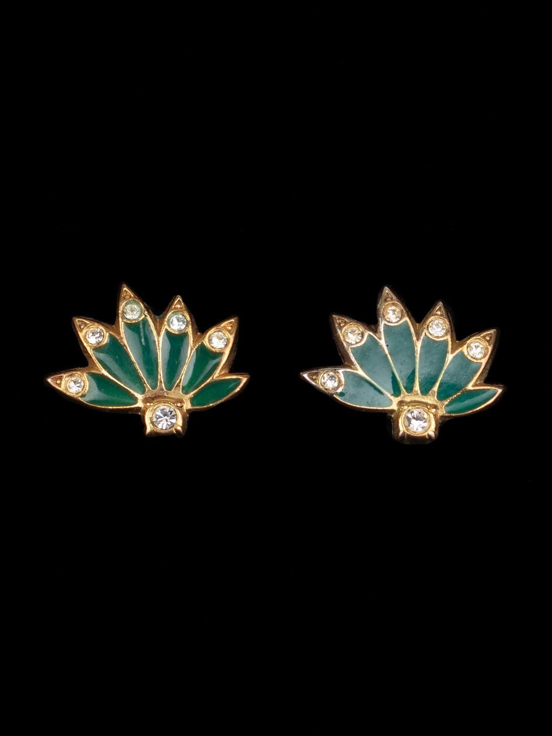Vintage Green Enamel Lotus Flower Stud Earrings with Rhinestones