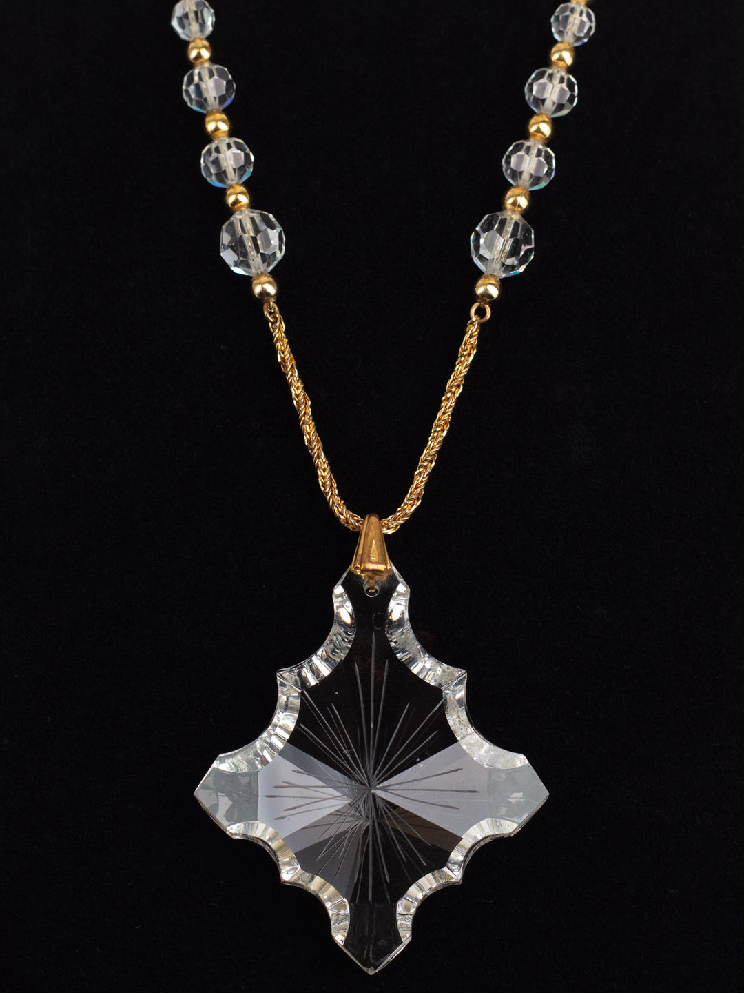 Vintage 60s Gold-Tone Necklace with Large Faceted Glass Pendant