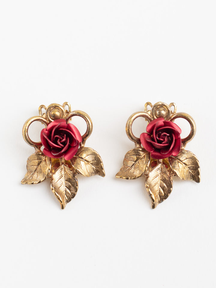 Vintage Red Rose Clip-On Earrings with Gold-Tone Leaf Design