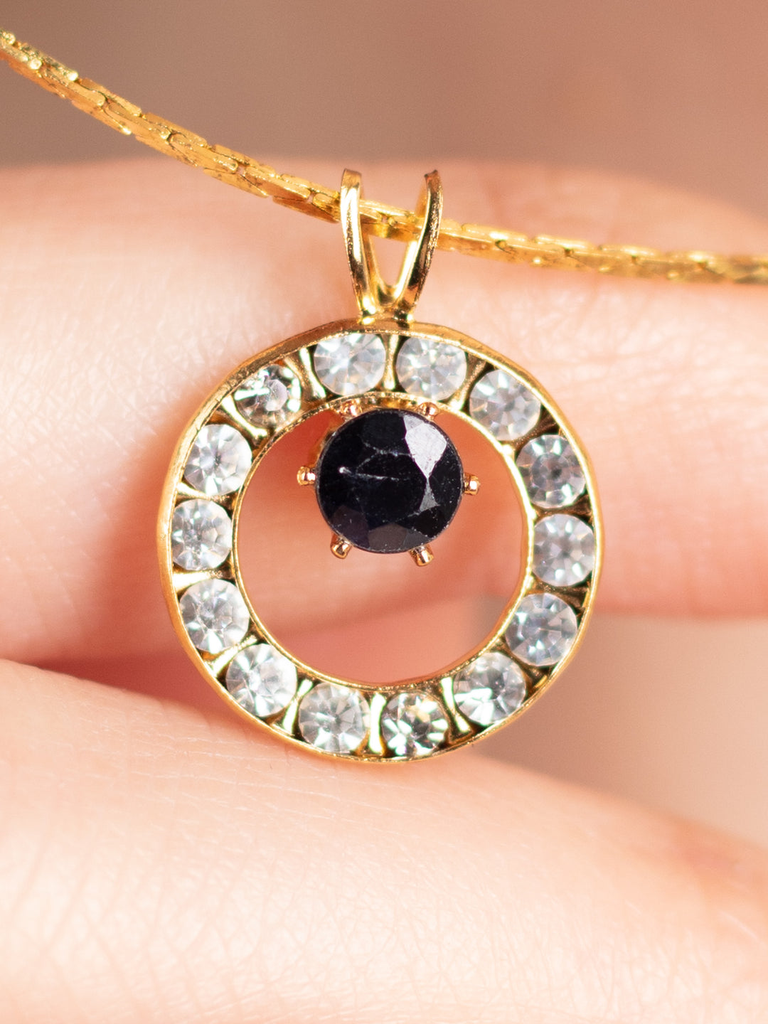 Vintage 90's Black Crystal Pendant Necklace