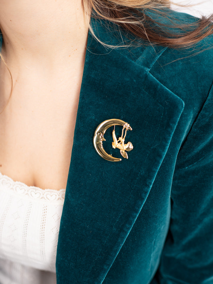 Vintage 90's Cherub on Crescent Moon Brooch