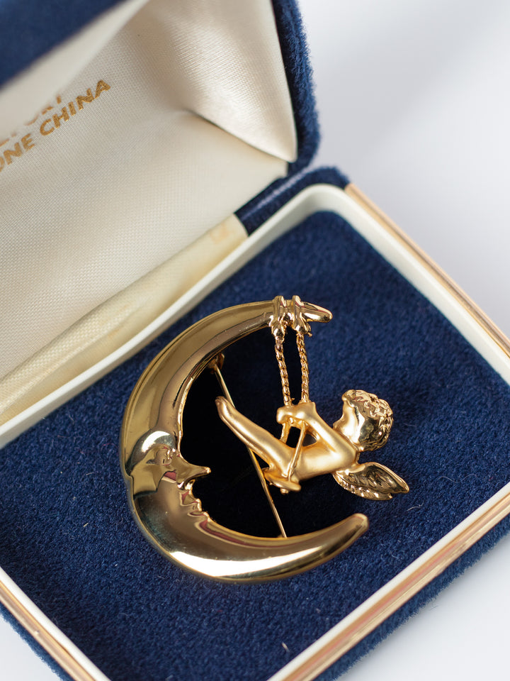 Vintage 90's Cherub on Crescent Moon Brooch