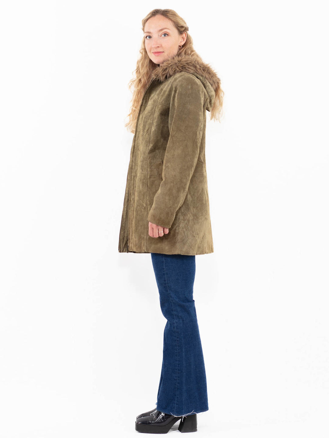 Vintage 90's Women Suede Sherpa Coat in Green