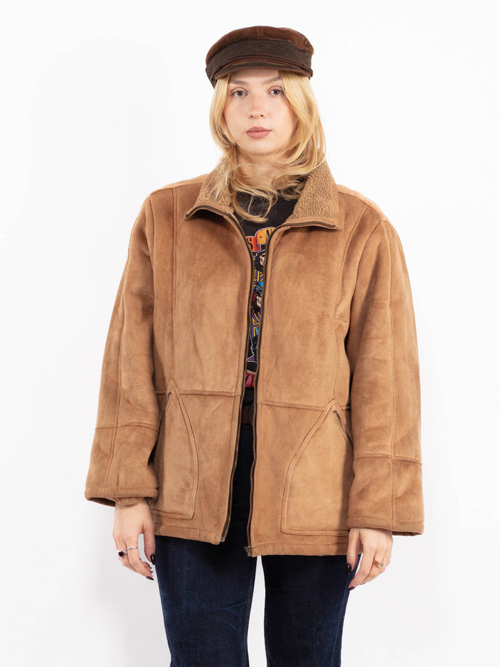 Vintage 90's Women Faux Sheepskin Jacket in Beige