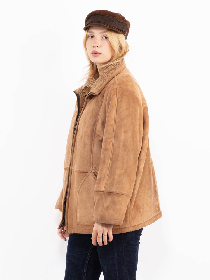 Vintage 90's Women Faux Sheepskin Jacket in Beige