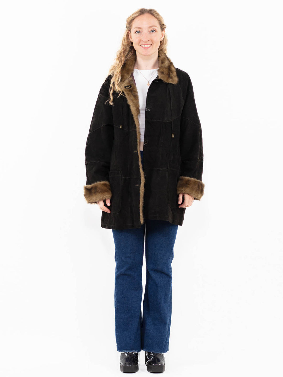 Vintage 00's Women Suede Sherpa Coat in Black