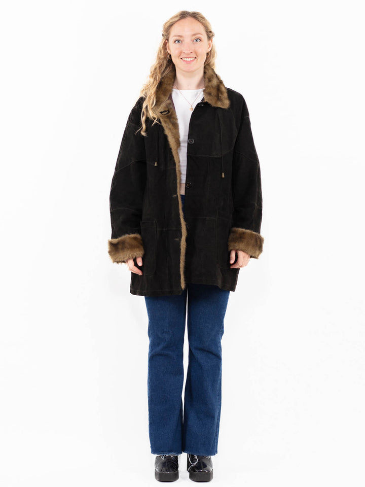 Vintage 00's Women Suede Sherpa Coat in Black