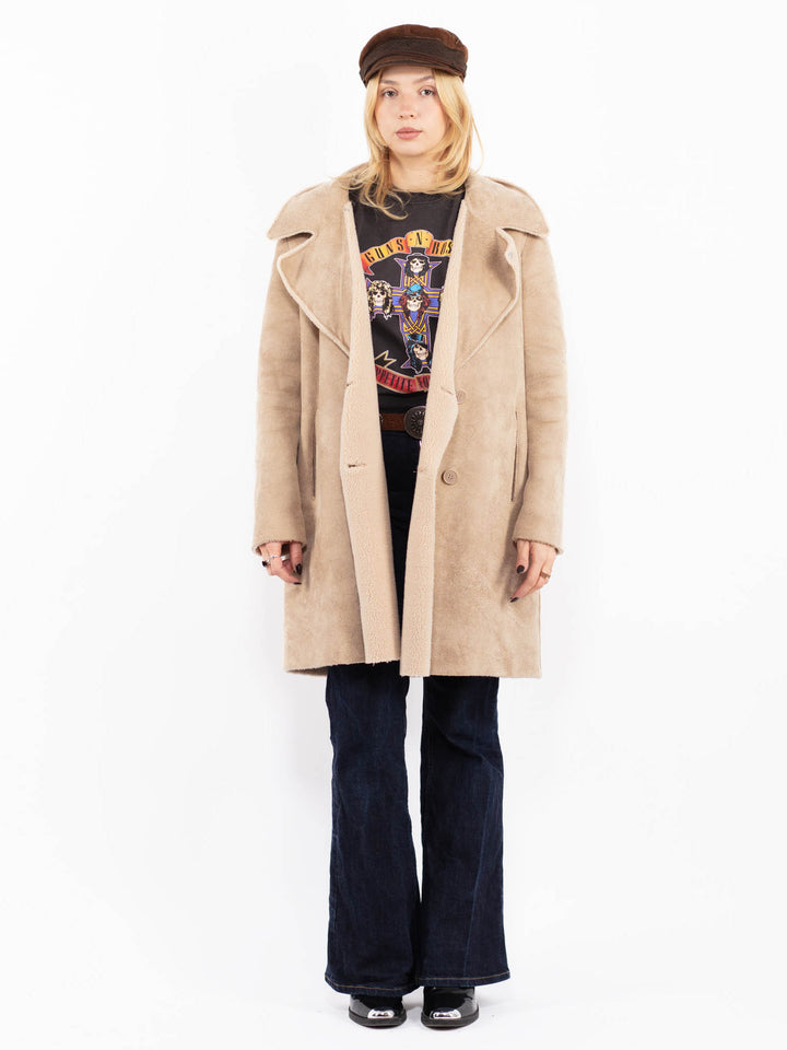 Vintage 90's Women Reversible Faux Sheepskin Coat in Beige