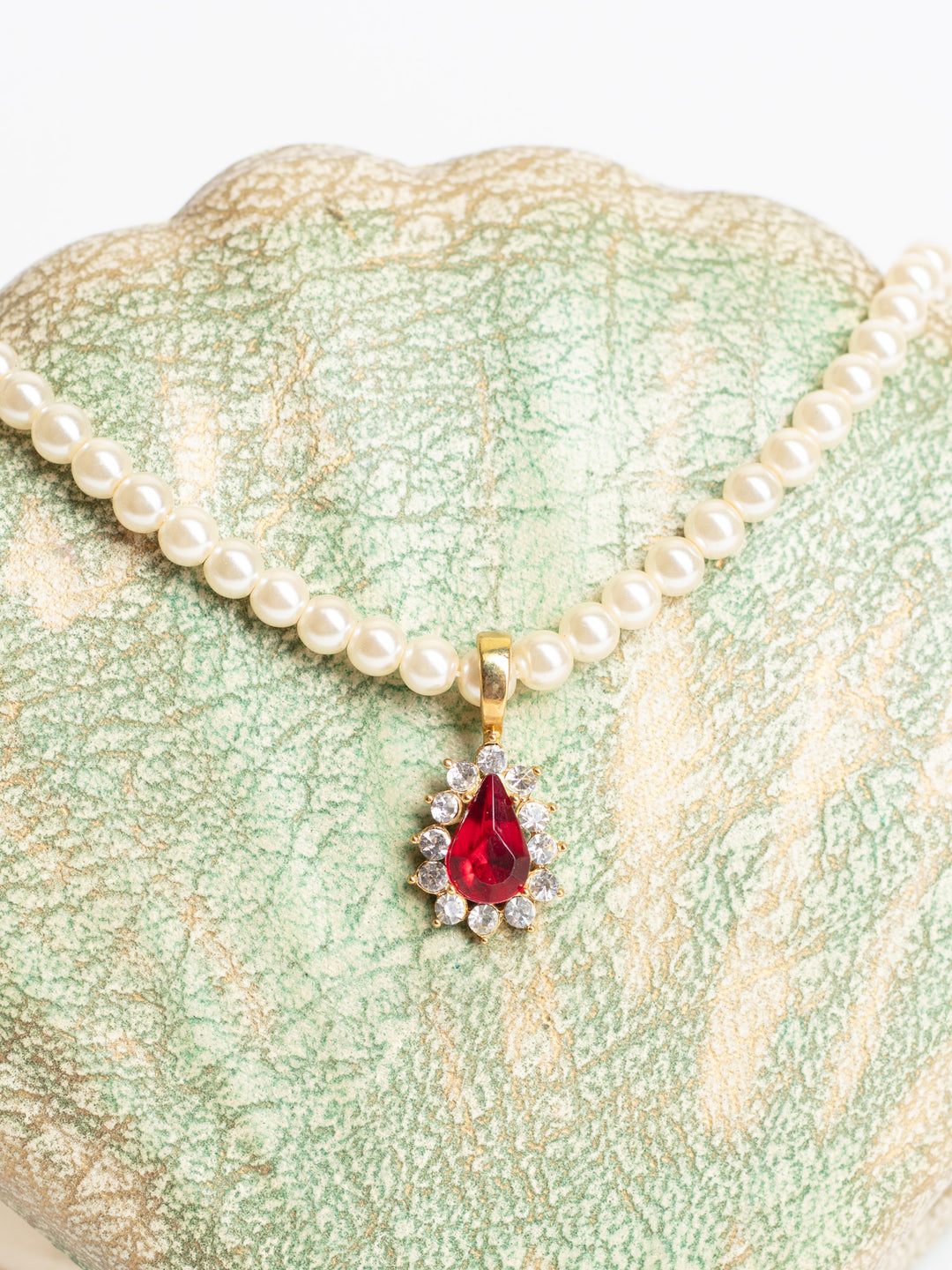Vintage 80's Faux Pearl Necklace with Red Teardrop Pendant