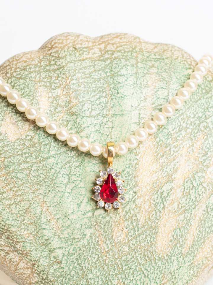 Vintage 80's Faux Pearl Necklace with Red Teardrop Pendant