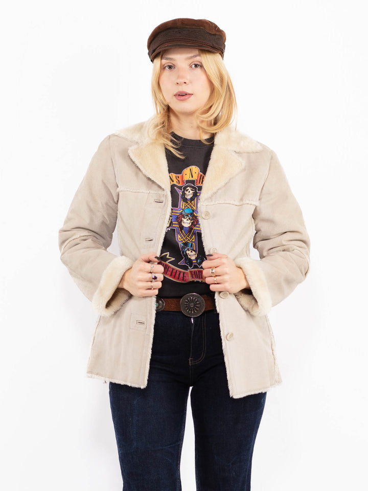 Vintage 90's Women Suede Sherpa Coat in Beige
