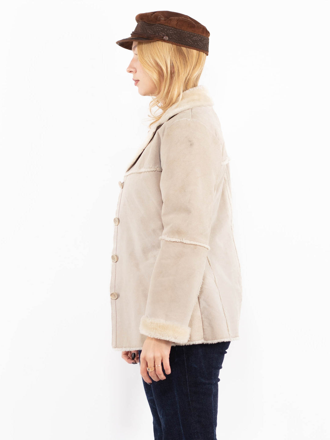 Vintage 90's Women Suede Sherpa Coat in Beige