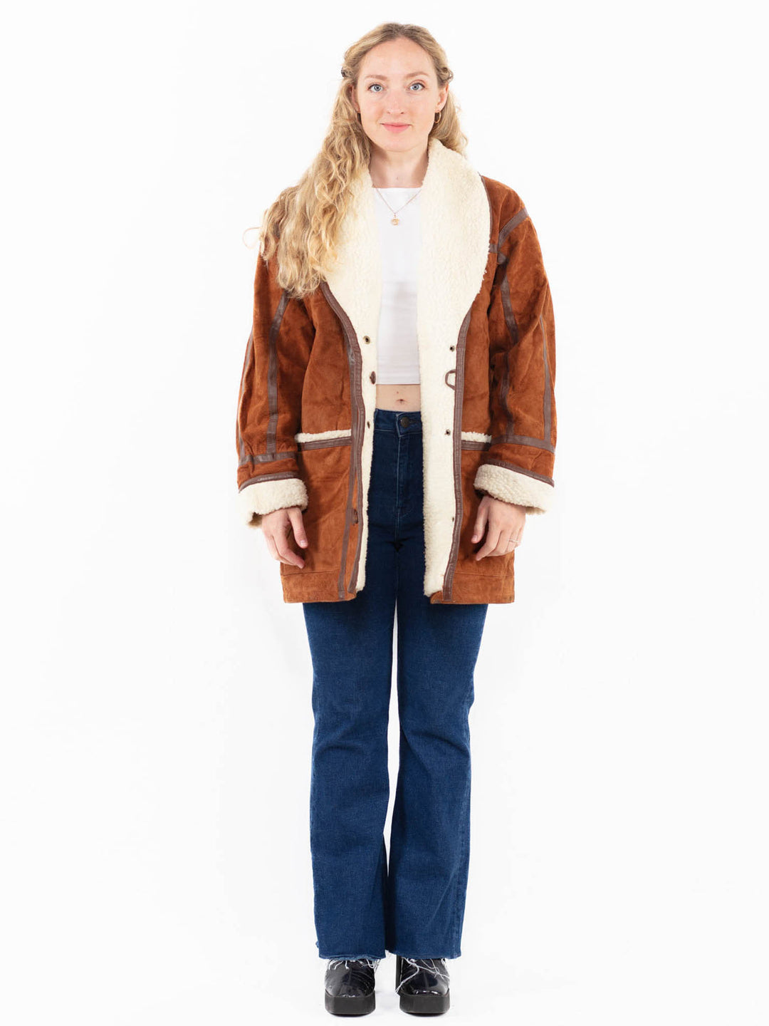 Vintage 90's Women Suede Sherpa Coat in Brown