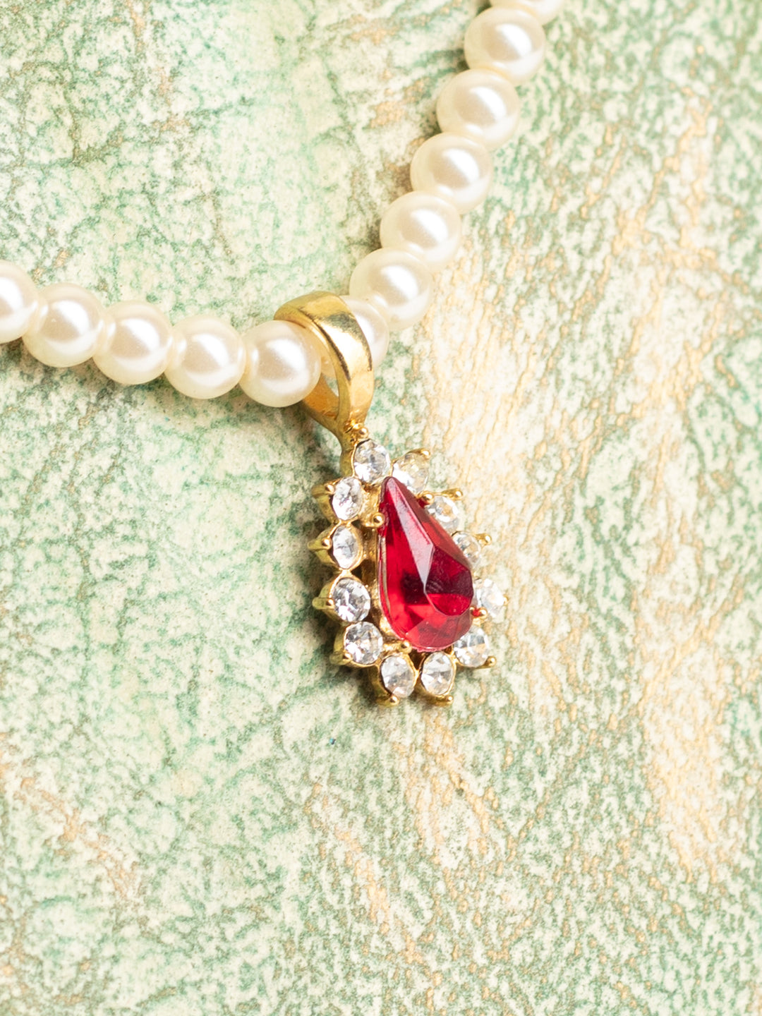 Vintage 80's Faux Pearl Necklace with Red Teardrop Pendant