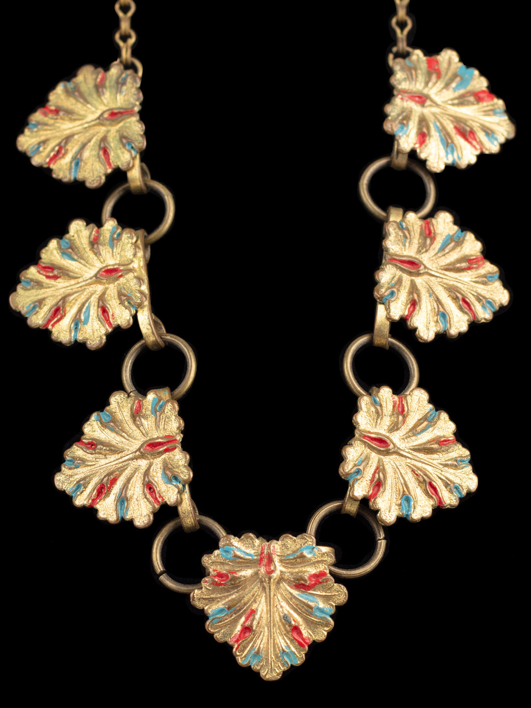 Vintage 30s Art Deco Leaf Necklace with Red and Blue Accents