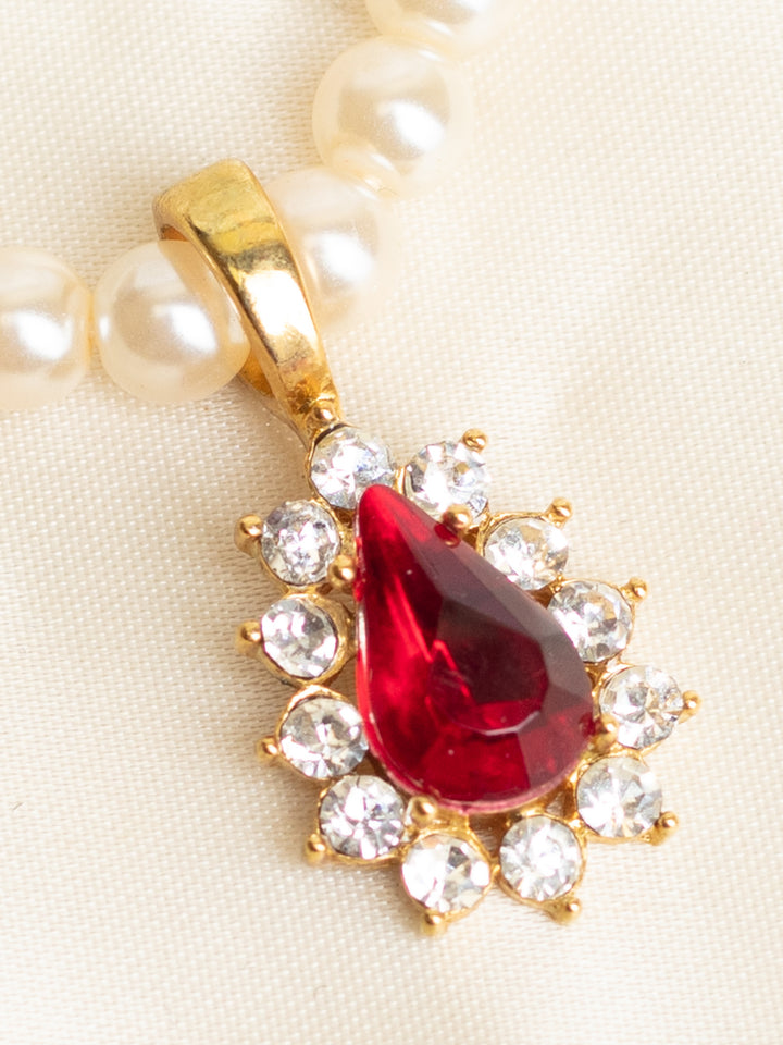 Vintage 80's Faux Pearl Necklace with Red Teardrop Pendant