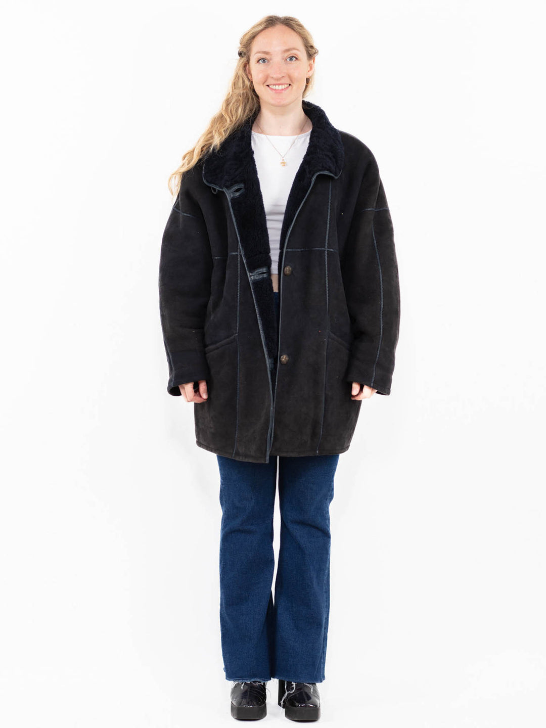 Vintage 80's Women Sheepskin Coat in Blue