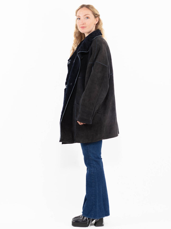 Vintage 80's Women Sheepskin Coat in Blue
