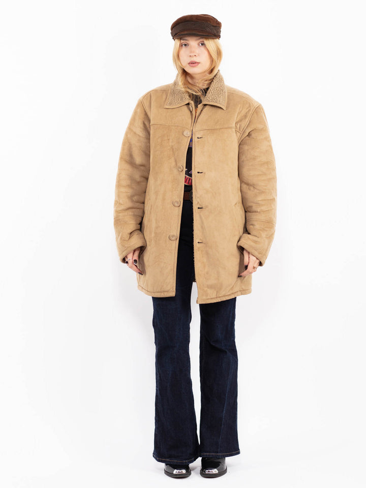 Vintage 90's Women Faux Sheepskin Coat in Beige