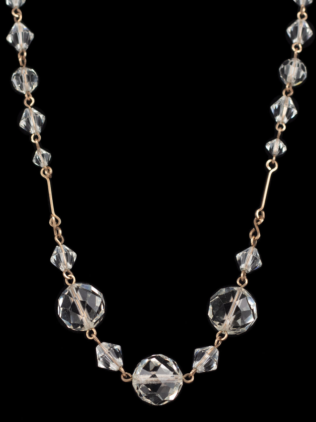 Vintage 40s Clear Crystal Bead Necklace with Faceted Glass and Brass Links