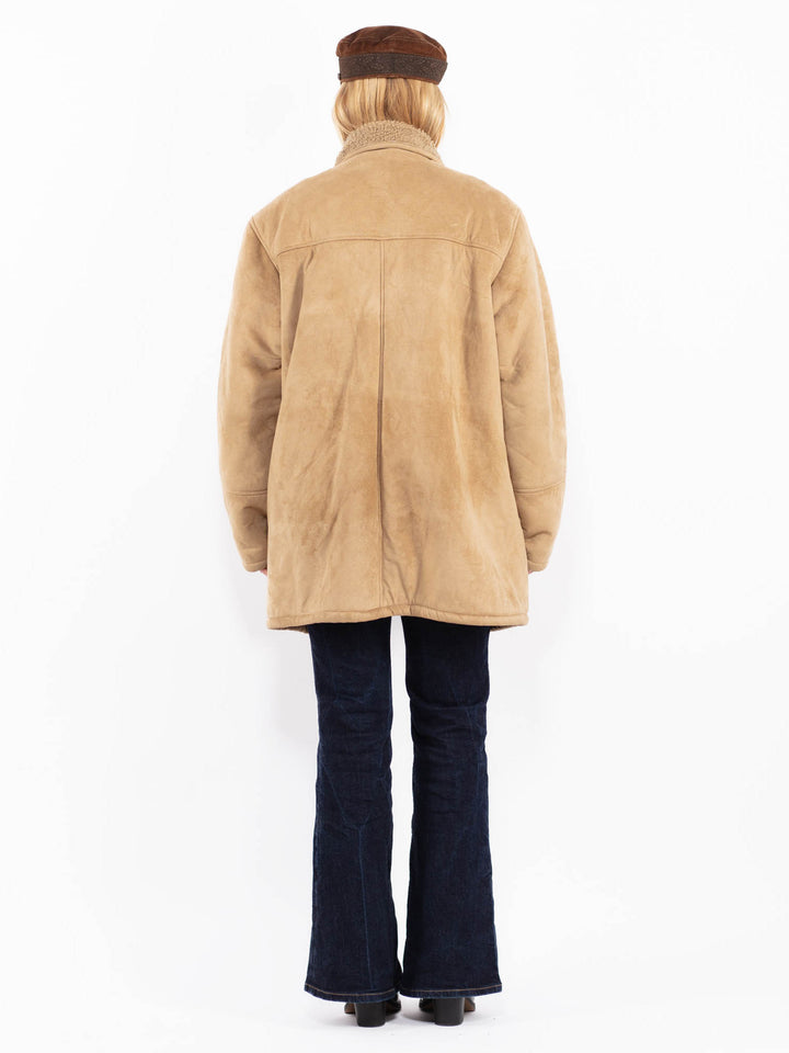 Vintage 90's Women Faux Sheepskin Coat in Beige