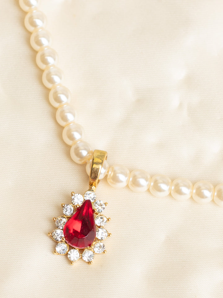 Vintage 80's Faux Pearl Necklace with Red Teardrop Pendant