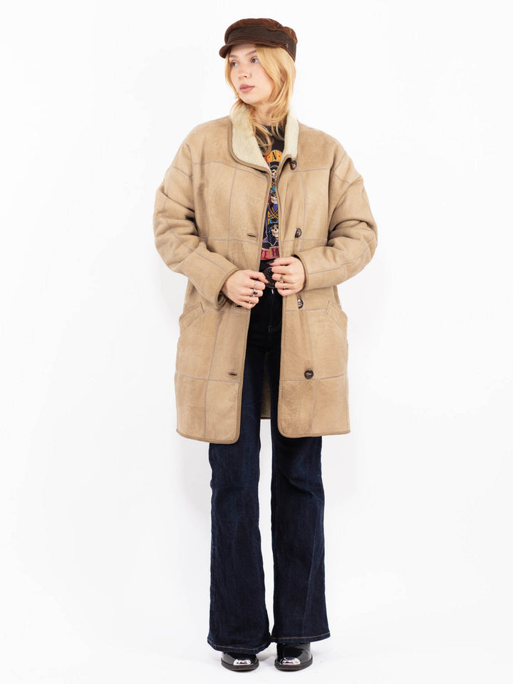 Vintage 90's Women Sheepskin Coat in Beige