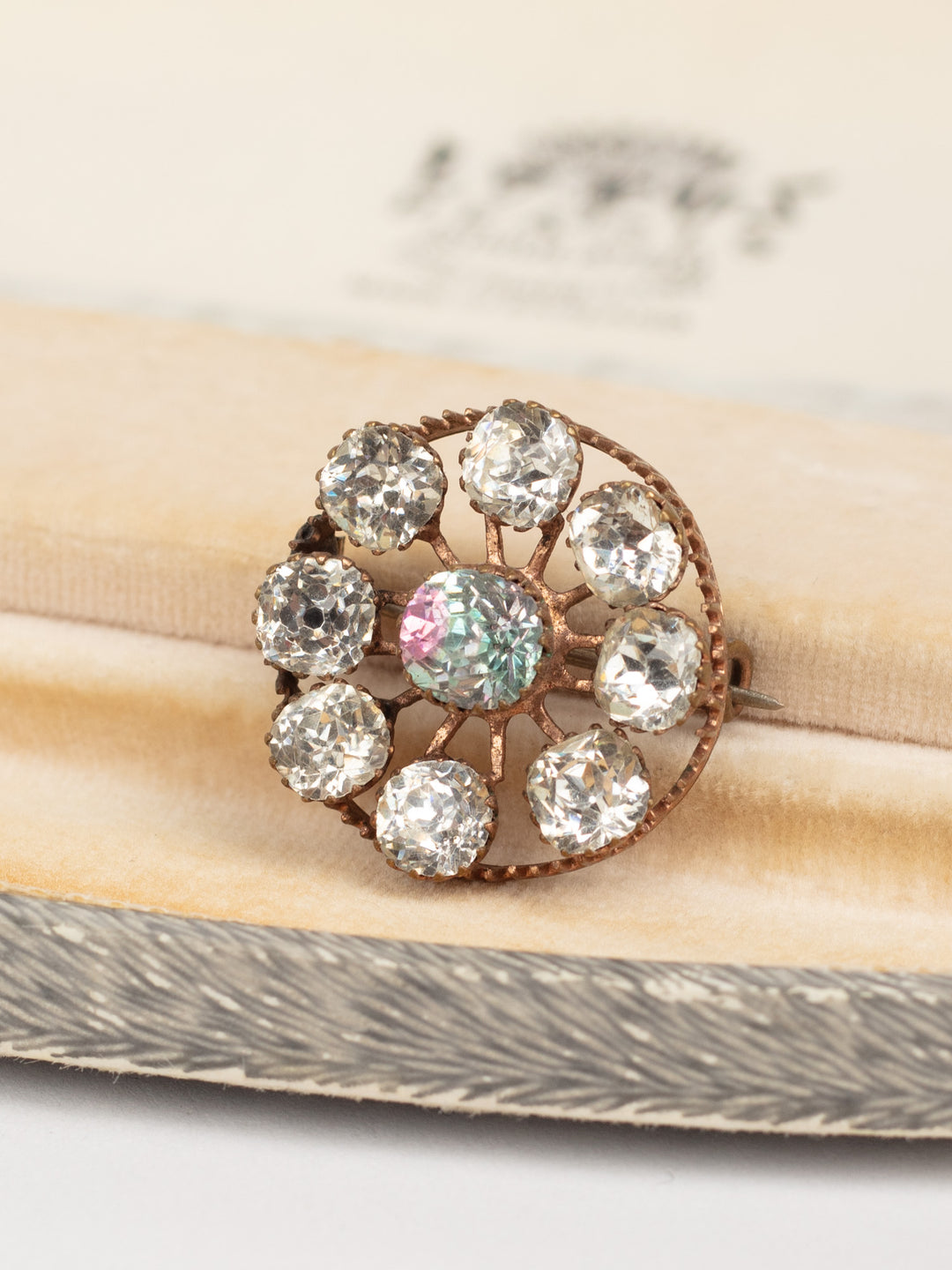 Antique Victorian Round Brooch with Large Clear Paste Stones
