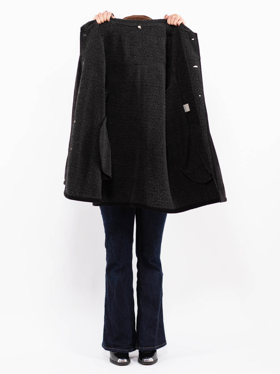 Vintage 90's Women Faux Sheepskin Coat in Black