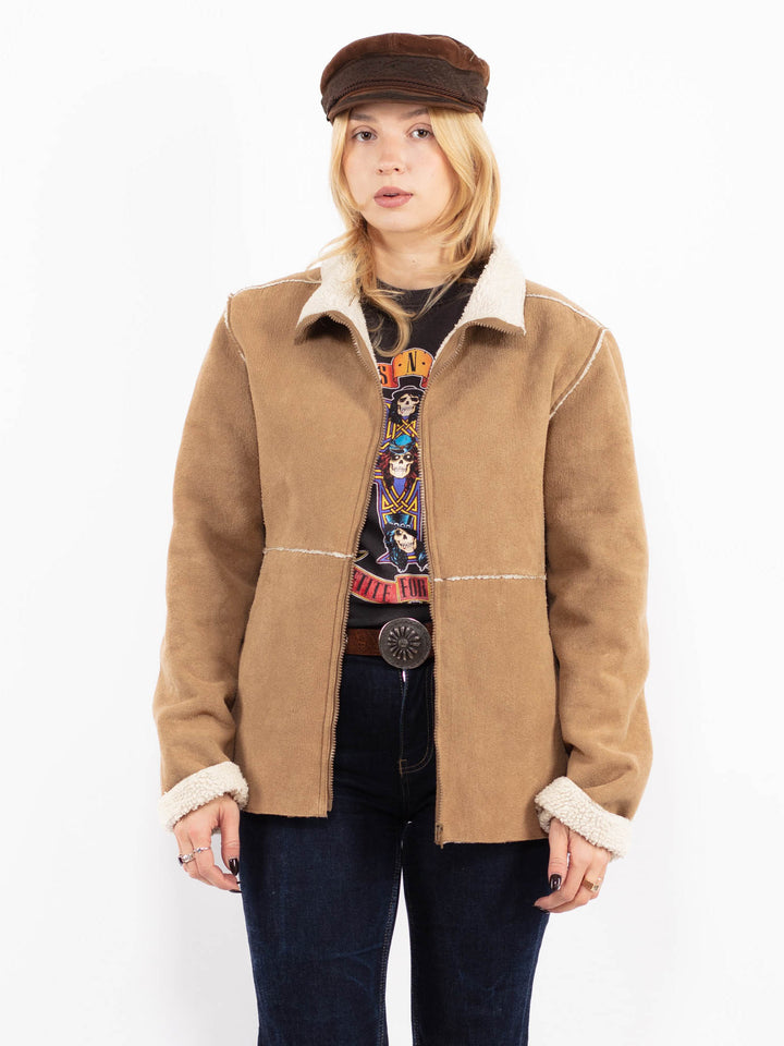 Vintage 90's Women Faux Sheepskin Jacket in Beige