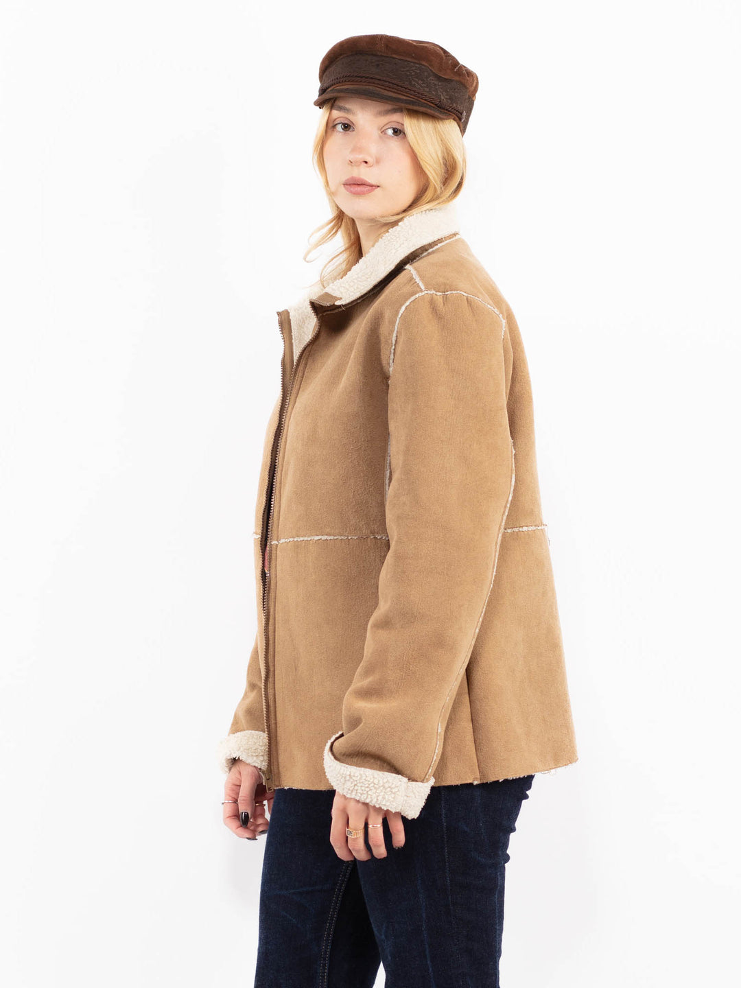 Vintage 90's Women Faux Sheepskin Jacket in Beige