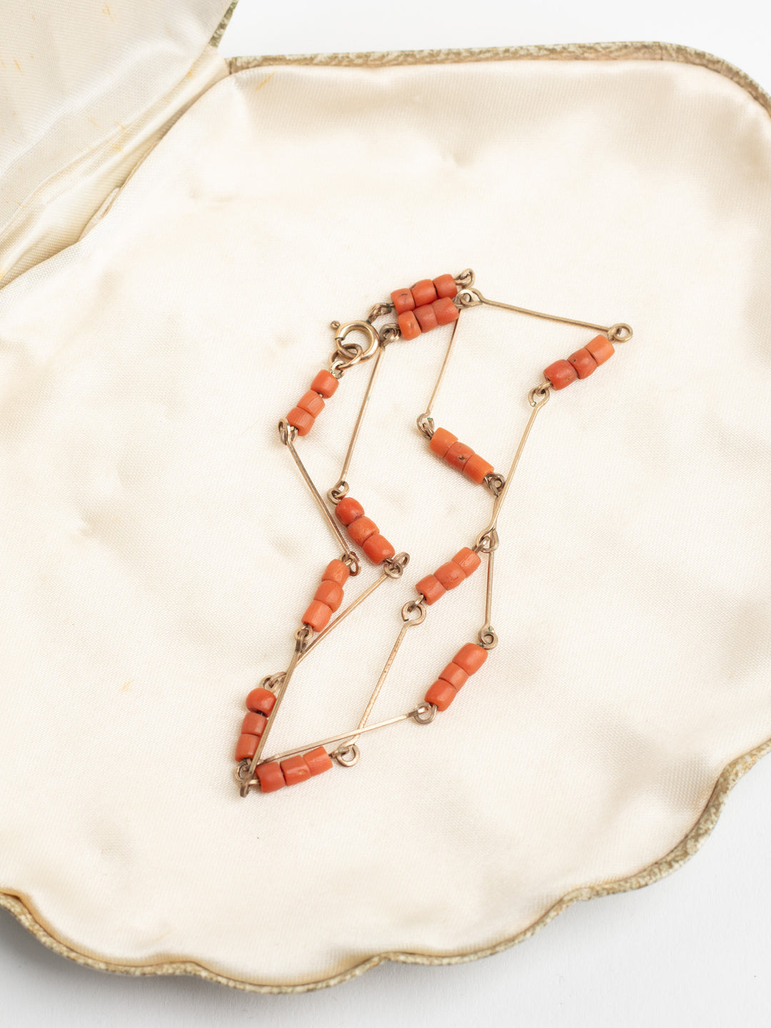 Antique 20s Salmon Coral Bead Necklace with Gold-Tone Bars
