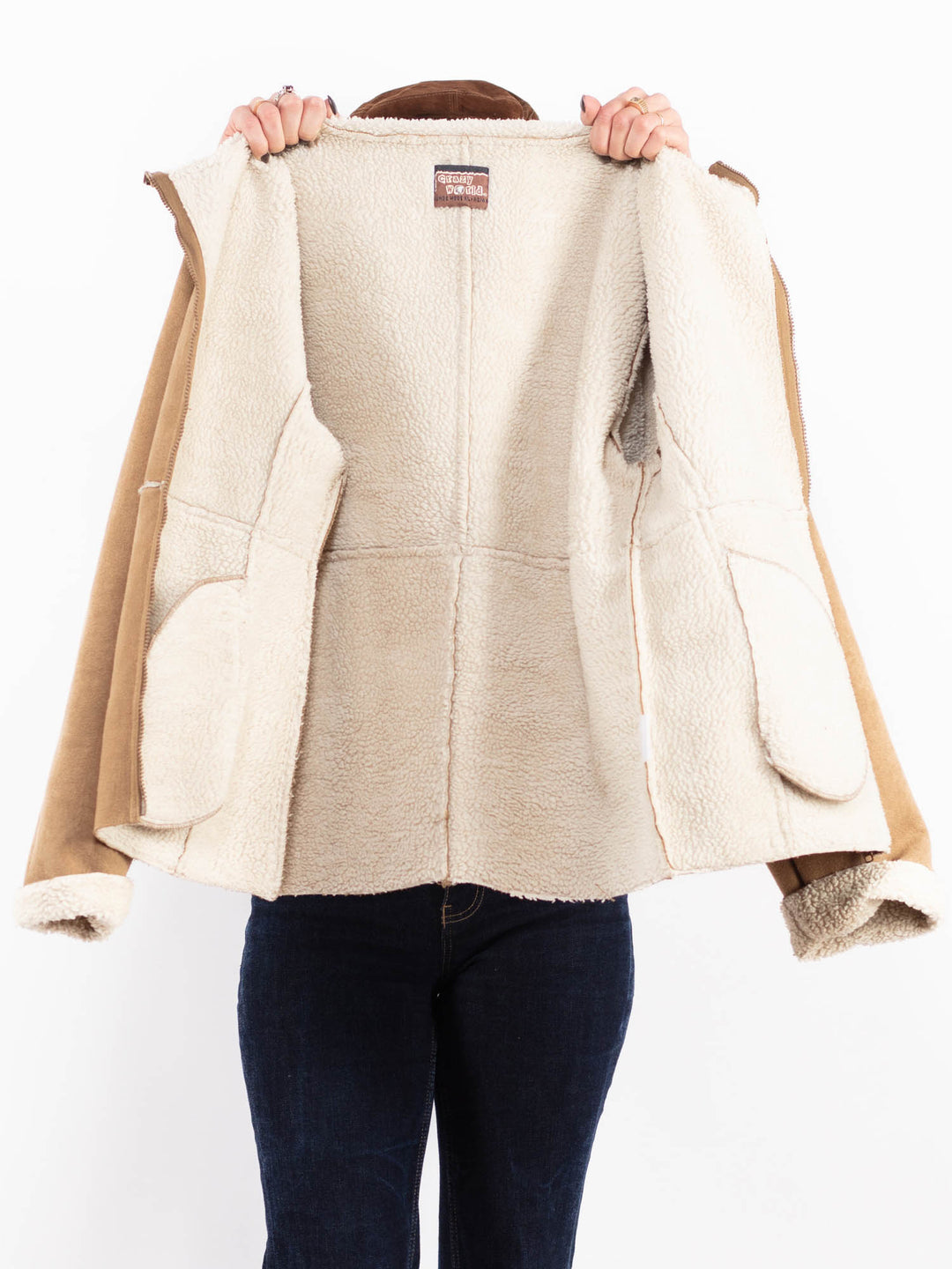 Vintage 90's Women Faux Sheepskin Jacket in Beige