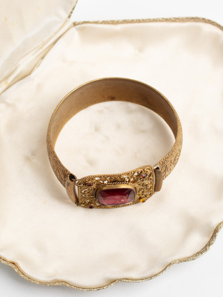 Antique 1890s Brass Cuff Bracelet with Red Glass Stone and Filigree Setting