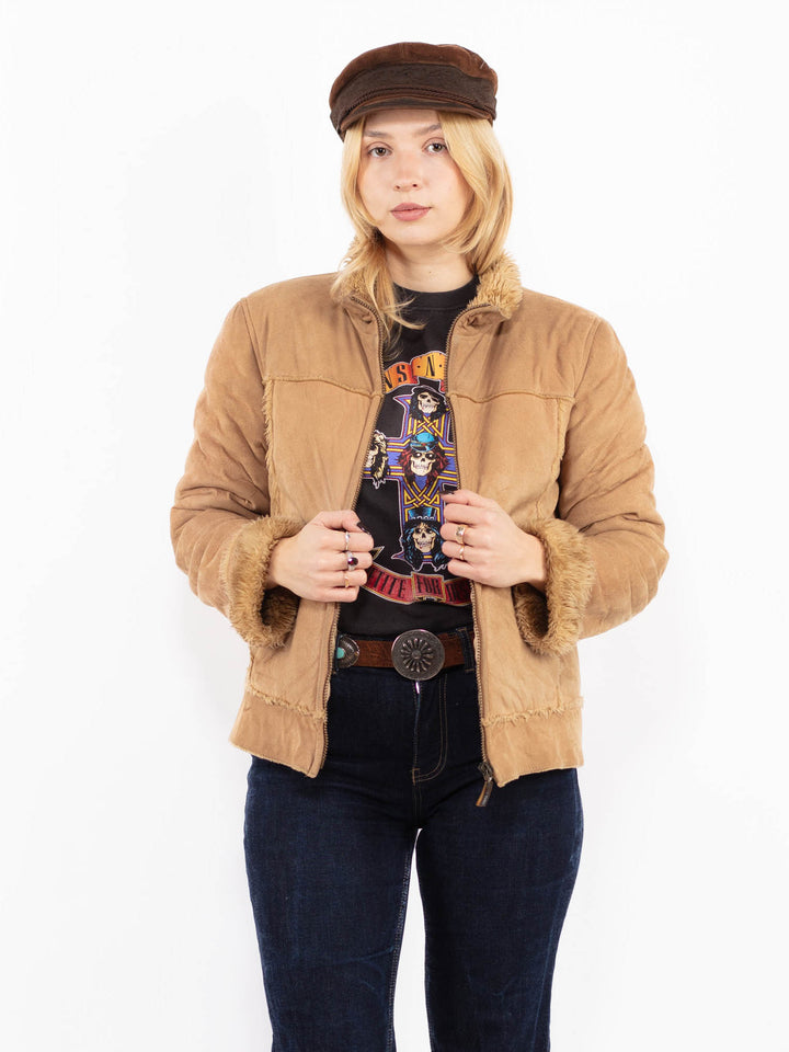 Vintage 90's Women Faux Sheepskin Jacket in Beige