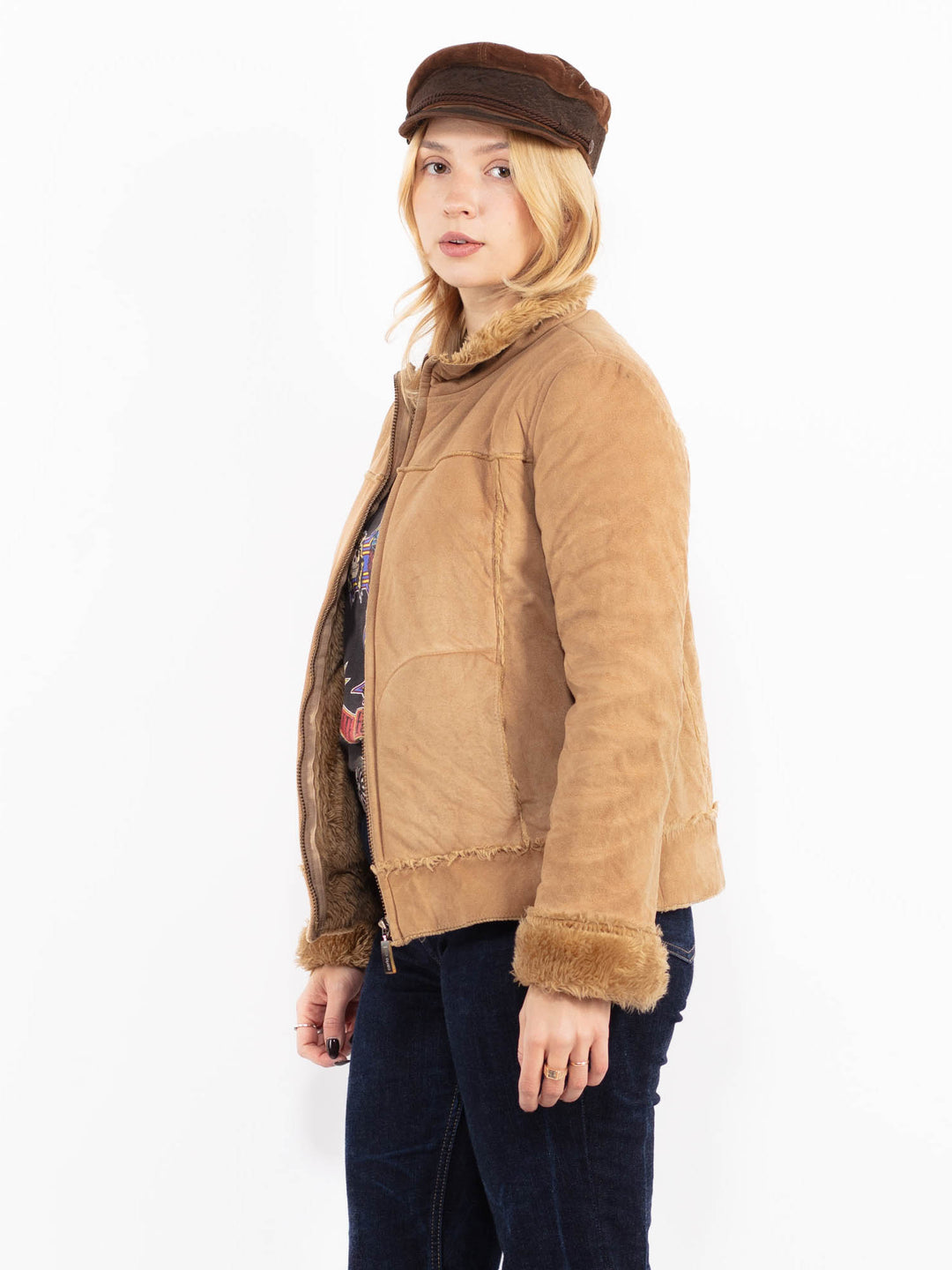 Vintage 90's Women Faux Sheepskin Jacket in Beige