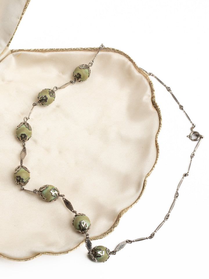 Vintage 30s Art Deco Green Bead Necklace with Filigree Caps