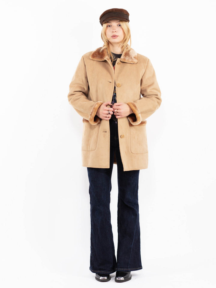 Vintage 00's Women Faux Sheepskin Coat in Beige