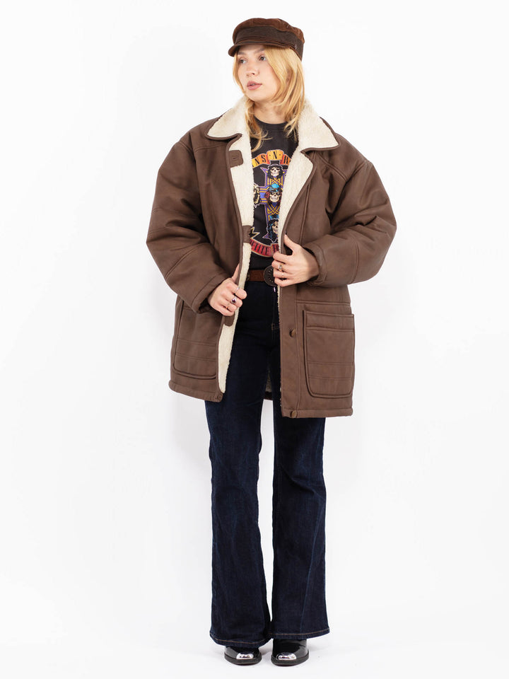 Vintage 90's Women Faux Sheepskin Coat in Brown