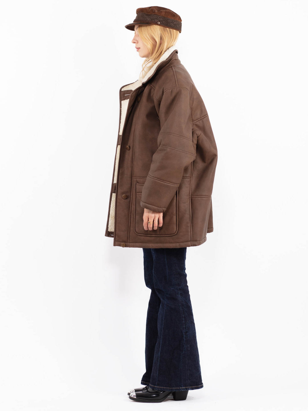 Vintage 90's Women Faux Sheepskin Coat in Brown