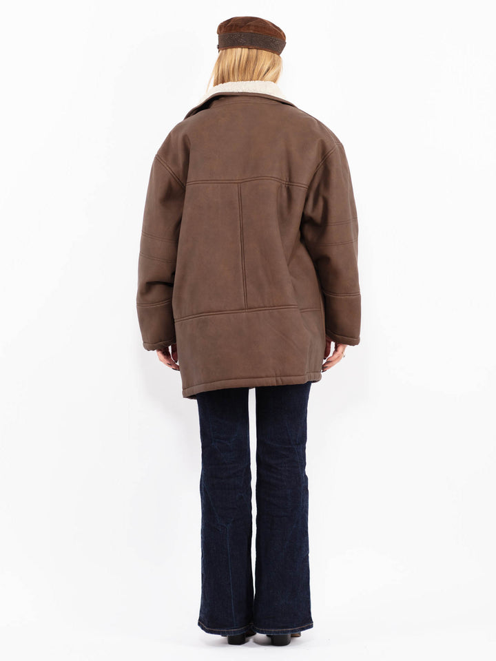 Vintage 90's Women Faux Sheepskin Coat in Brown