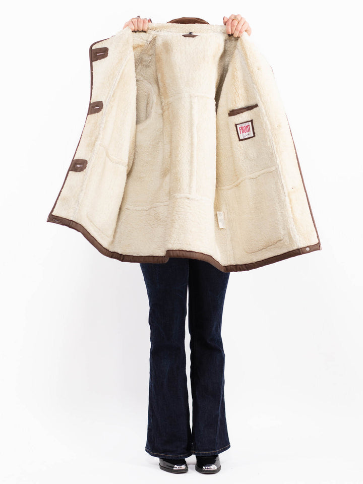 Vintage 90's Women Faux Sheepskin Coat in Brown