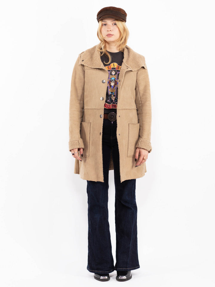 Vintage 00's Women Faux Sheepskin Coat in Beige