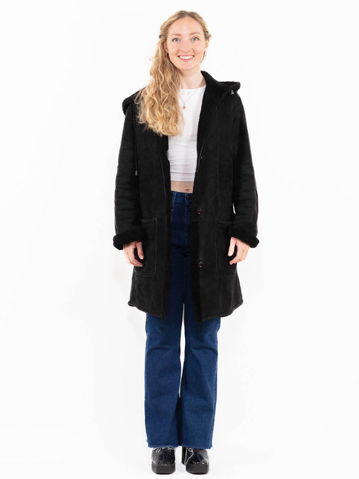 Vintage 90's Women Sheepskin Coat in Black