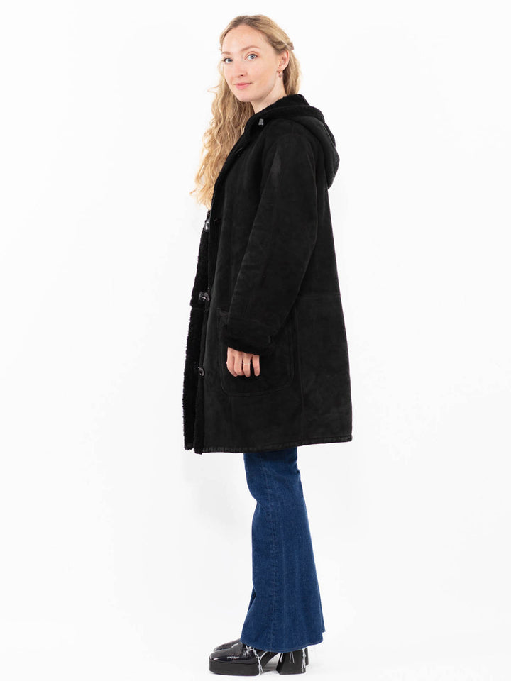 Vintage 90's Women Sheepskin Coat in Black