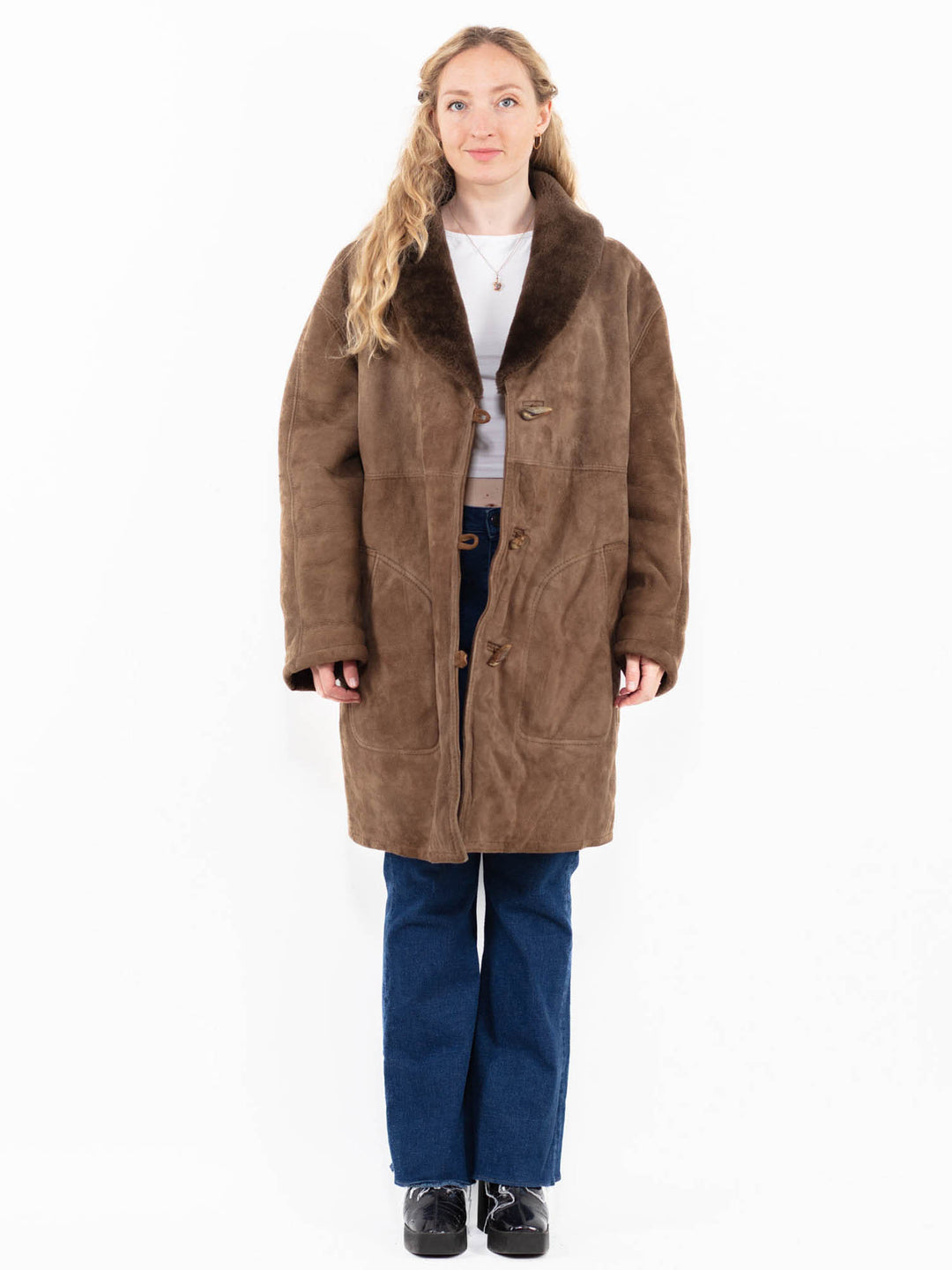 Vintage 70's Women Oversized Sheepskin Coat in Beige