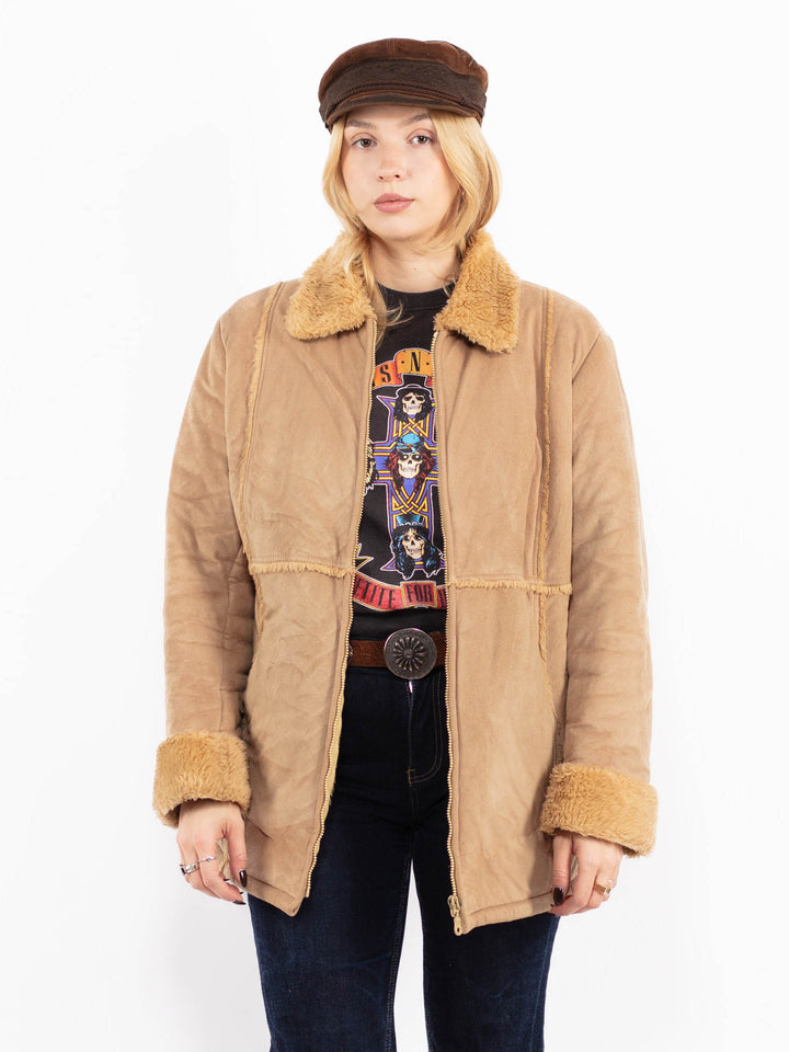 Vintage 90's Women Faux Sheepskin Coat in Beige