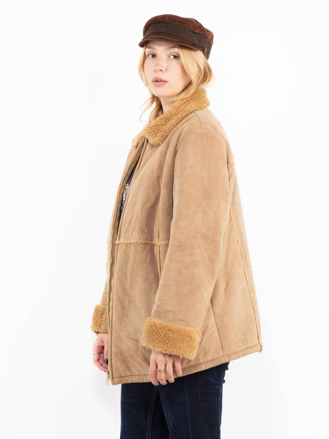 Vintage 90's Women Faux Sheepskin Coat in Beige
